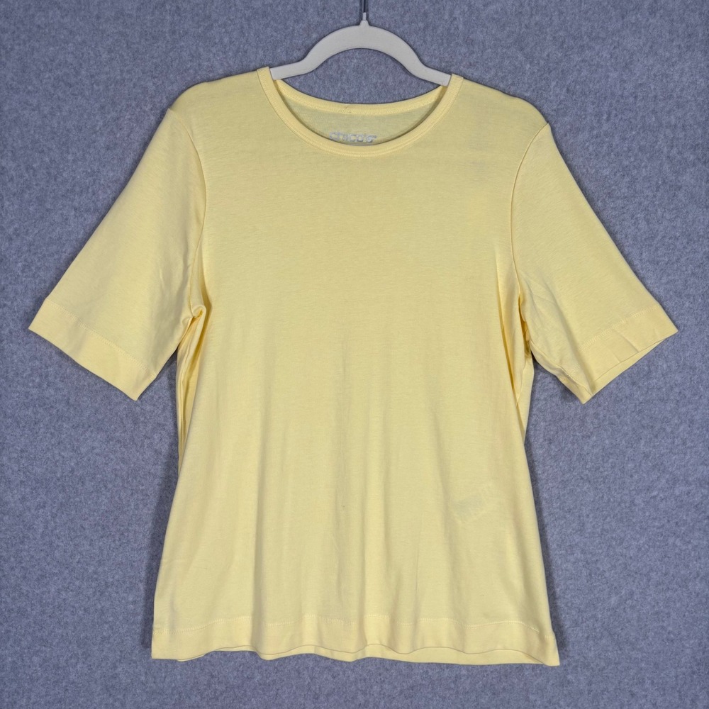 NEW Chicos Pima Cotton Tee Large Bright Yellow Crew Elbow Sleeve Basic Top